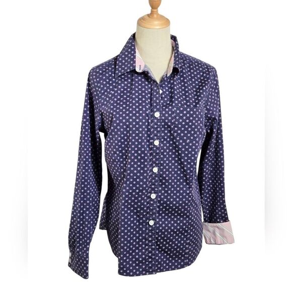L.L. Bean Navy and Pink Polka Dot Button Down Shirt - Picture 1 of 6